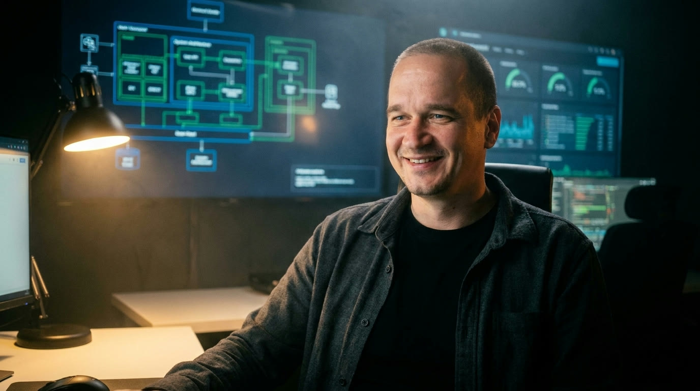 Indrek Millert, AI-Studio Development asutaja, uurimas süsteemiarhitektuuri diagramme